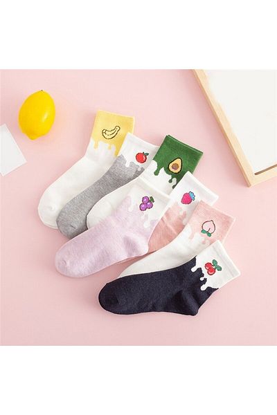 WORTHY SOCKS 7 опаковки дамски многоцветни памучни колежански чорапи за тенис с шарки на плодове