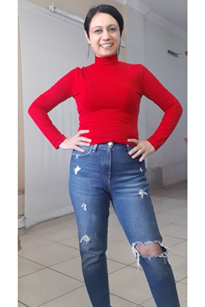 Mertcan Butik Red Turtleneck Combed Cotton T-Shirt