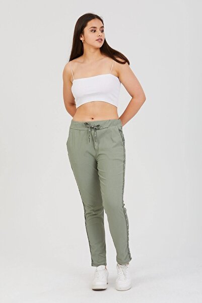 AYASOFYA OTANTIK Γυναικείο παντελόνι λύκρα με ρίγες ιταλικού χακί