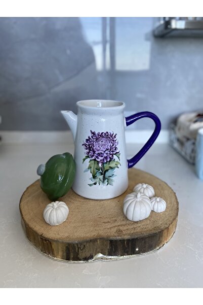 Handmadesign Kapaklı El Yapımı Seramik Sürahi - Mor Çiçekli
