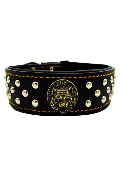 Tasma Market Black Tiger Head Soft Textured Leather Dog Collar