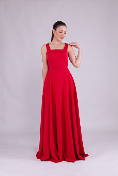 Bidoluelbise Kadın Kare Yaka Kolsuz Maxi Boy Abiye Elbise