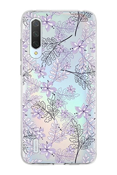 PrintiFy Xiaomi Mi 9 Lite Uyumlu Kapak Floral Lila Tasarımlı Şeffaf Silikon K...