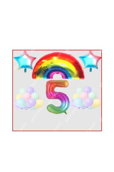 Generic Brand Rainbow Star Themed Macaron Balloon 5 Year Old Birthday Party Set