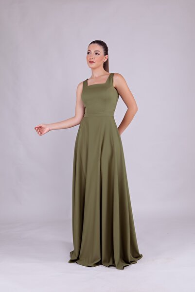 Bidoluelbise Kadın Kare Yaka Kolsuz Maxi Boy Abiye Elbise