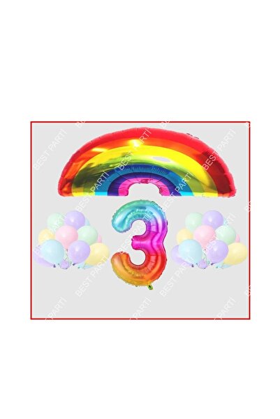 RÖNESANS PARTİ Rainbow Themed Macaron Balloon 3 Year Birthday Party Set
