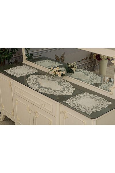 Tekstilsa New Luxury Runner Lounge Room Masuta de cafea Fata de masa Set de lounge din catifea 5 piese (crem)