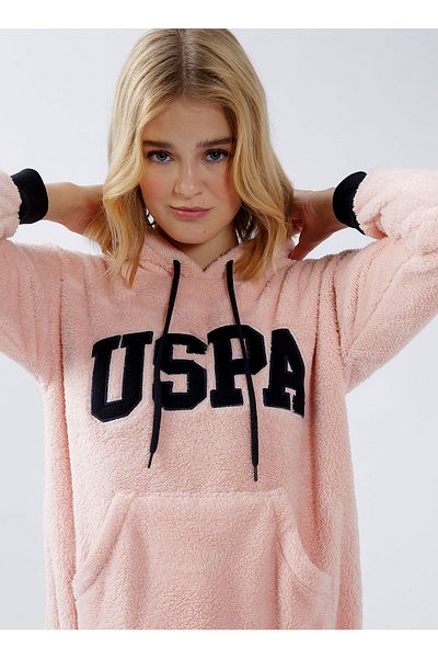 U.S. Polo Assn. Set de pijamale pentru femei cu guler cu glugă, roz simplu