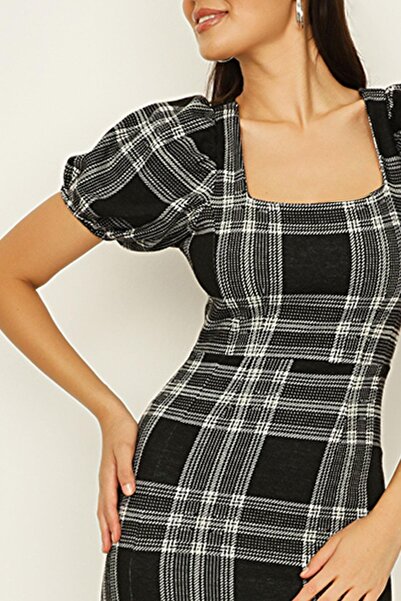 Select Moda Γυναικείο φόρεμα με μαύρο σχέδιο με τετράγωνο γιακά με μπαλόνι μανίκι