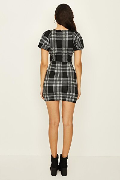 Select Moda Γυναικείο φόρεμα με μαύρο σχέδιο με τετράγωνο γιακά με μπαλόνι μανίκι