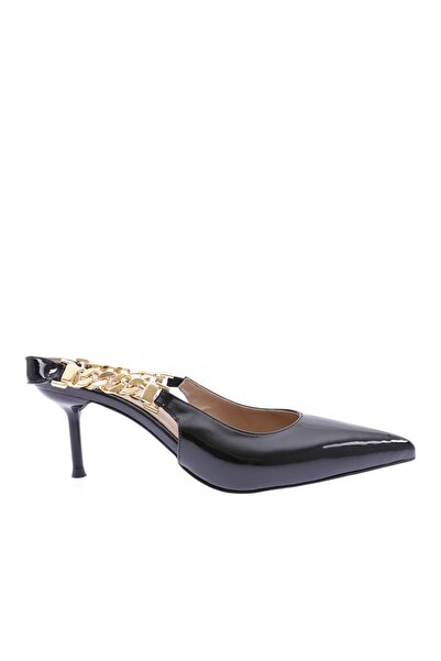 DGN Women's Pointed Toe Chain Accessory Thin Heeled Shoes Black Patent Leathe...