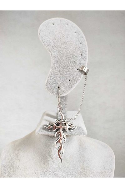Fugusugu Flame Cross Tragus Compression Chain Gothic Earrings
