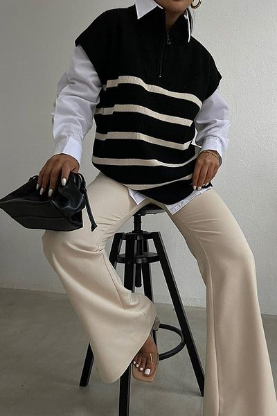 vuvutasarım New Season Women's Cotton Knitted Fabric Stand Collar Oversize Cream Sweater