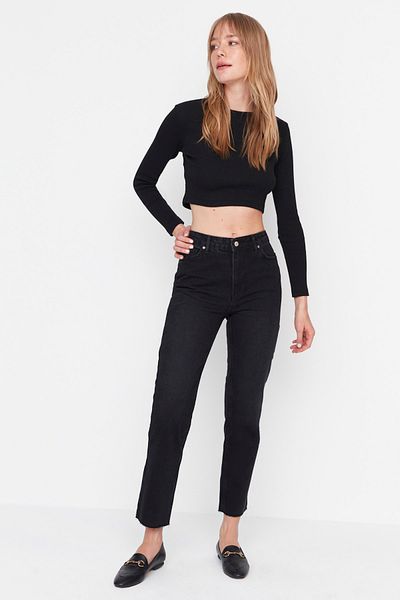 Trendyol Collection Blugi negri mai sustenabili cu talie înaltă Bootcut TWOAW23JE00351