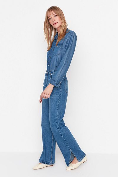 Trendyol Collection Blugi albaștri cu talie înaltă, mai sustenabili, anii 90, cu picioare largi TWOAW23JE00368