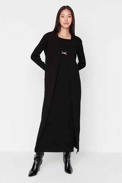 Trendyol Modest Black Corduroy Dress-Cardigan Knitwear Set TCTAW23US00118