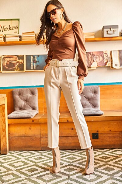 Olalook Women's Stone Waist Detailed Coated Belt Wool Effect Trousers PNT-19000183