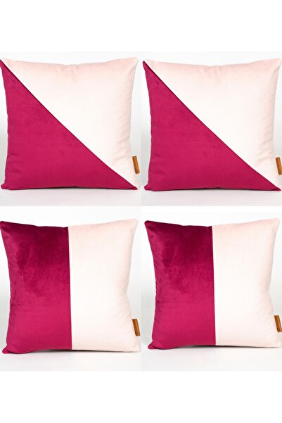 Rayda Home Dekoratif Fuşya Ve Pudra Kombin Geometrik Şekil 4 Lü Kırlent Kılıf...