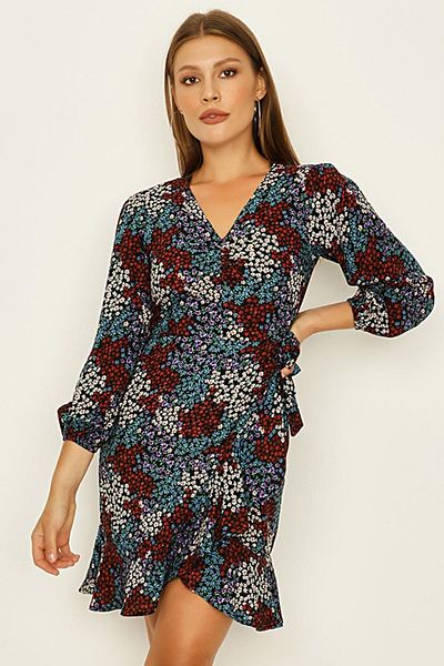 Select Moda Rochie mini cu volan cu fustă cu decolteu în V cu model albastru