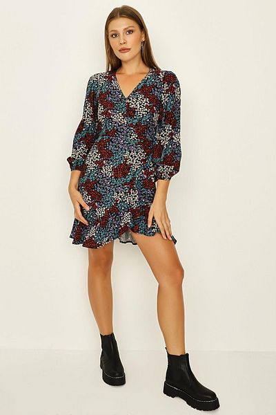 Select Moda Rochie mini cu volan cu fustă cu decolteu în V cu model albastru