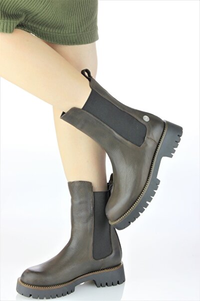 Mammamia Kadın Hakiki Deri Kalın Taban Spor Lastik Detaylı Bot