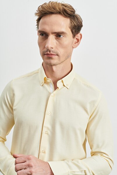AC&Co / Altınyıldız Classics Men's Yellow Slim Fit Slim Fit Cotton Hidden Button Collar Long Sleeve Oxford Shirt