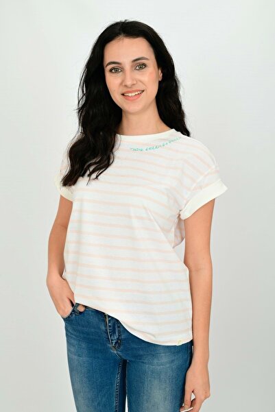 Kadın Pembe Çizgili Organik Pamuk Basic T-shirt