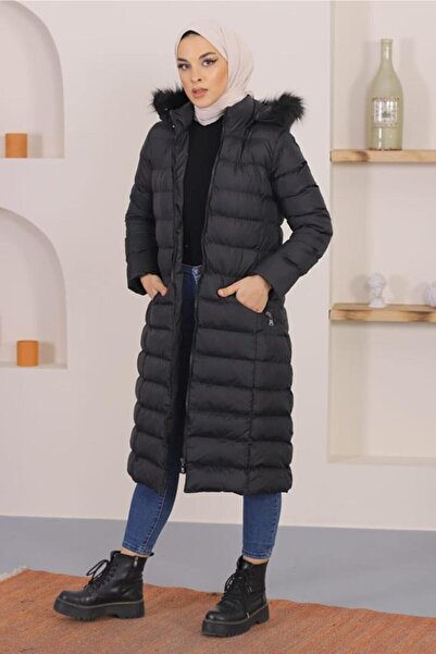 KMKkombin Γυναικείο Μακρύ Γεμισμένο Μαύρο Πουφερ Μπουφάν