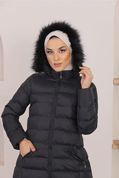 KMKkombin Γυναικείο Μακρύ Γεμισμένο Μαύρο Πουφερ Μπουφάν