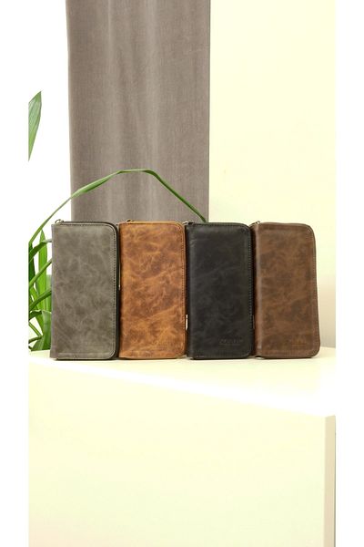 AdaDoğa Mkm Men's Zippered Leather Wallet with Phone Holder