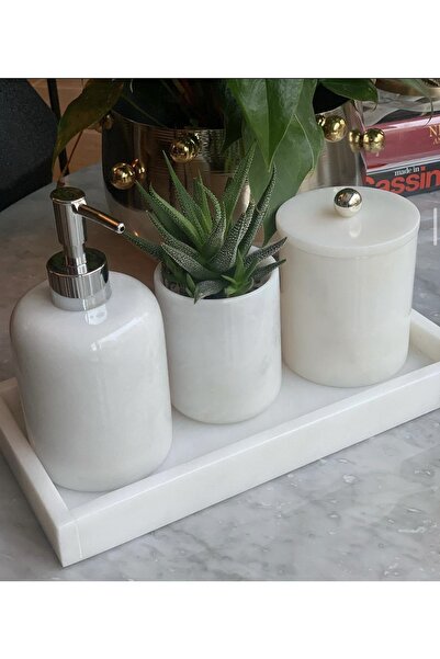 MIARIK DESIGN & DEKORASYON Dekoratif Beyaz Mermer Gümüş Top Detaylı 4 Lü Bany...