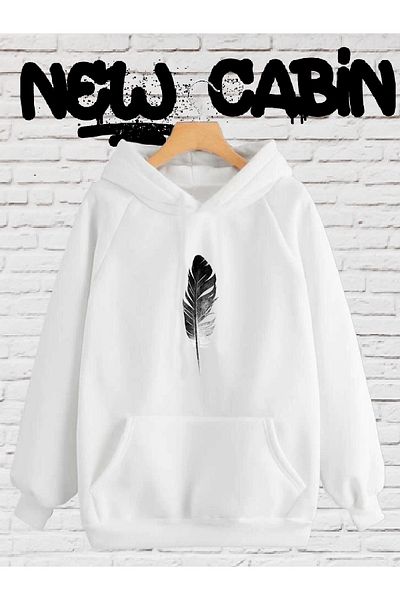 NewCabin Νέα σεζόν Unisex Leaf Printed Hooded White Hoodie