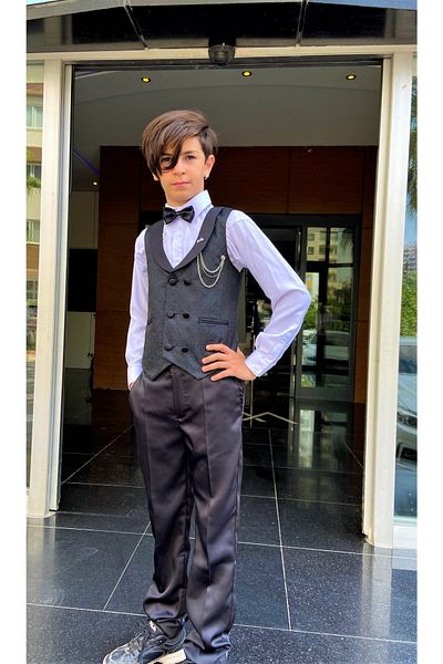 WENA KİDS Children's Vest Suit Shirt Set Patterned Black
