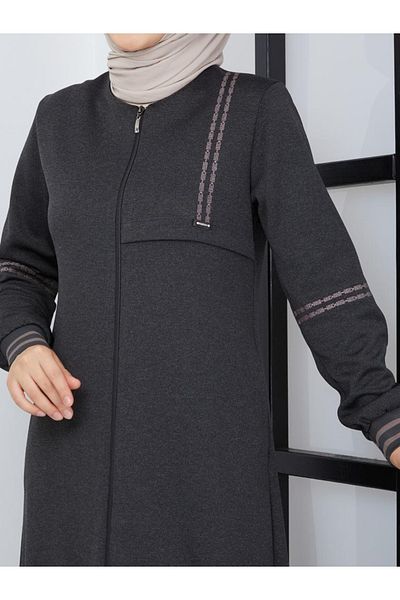 ZEWAHİR FASHİON 1st Class Atlas Fabric [narrow Fit] sleeves Ribbed and Embroidered Stylish Sports Gray Color Winter Ferace
