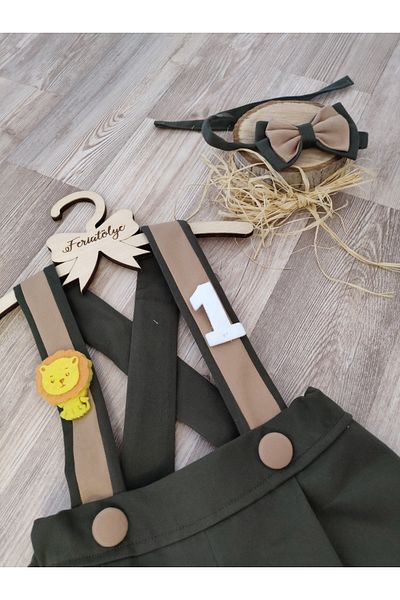 Feriatolye Safari Concept Birthday Outfit Khaki Camel Striped Boys Trousers Salopette