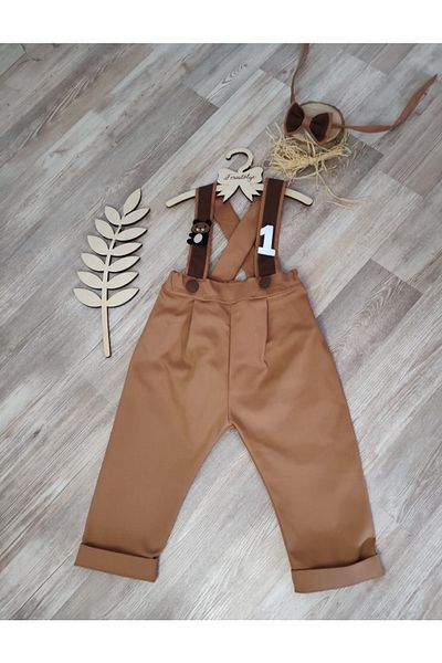 Feriatolye Teddy Bear Concept Boy's Tan Brown Striped Trousers Salopet