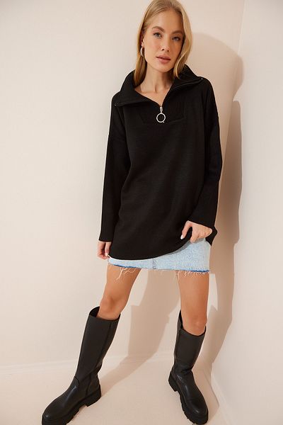 Happiness İstanbul Woman's Black Zippered Collar Oversize Knit Sweater KB00031