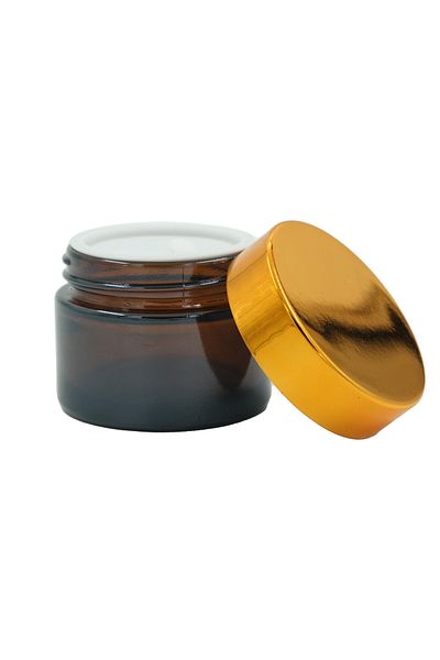 parlakcam 3 Pieces Amber Glass Cream Jar with Gold Lid - 50 Cc