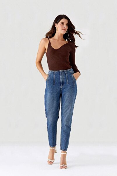 Pantamo Jeans Orta Tonda Eskitilmiş Mavi Cıgarette Woman's Jeans