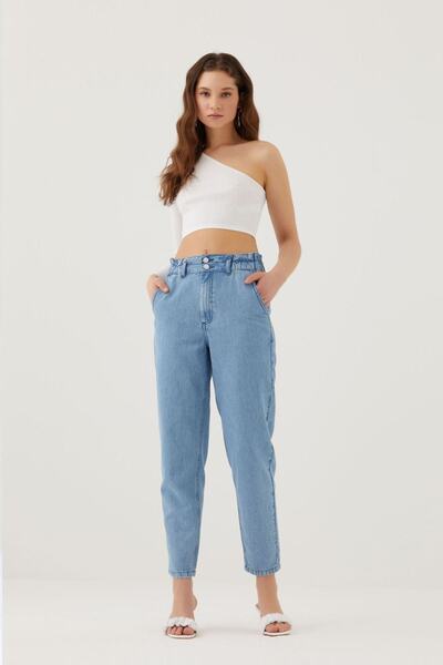 Pantamo Açık Tonda Eskitilmiş Mavi Paper Bag Woman's Jeans