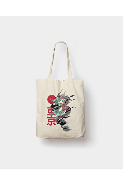 Helal Merch Çok Renkli Ejderha Desenli Japon Yazılı Baskılı Ham Bez Çanta Tot...