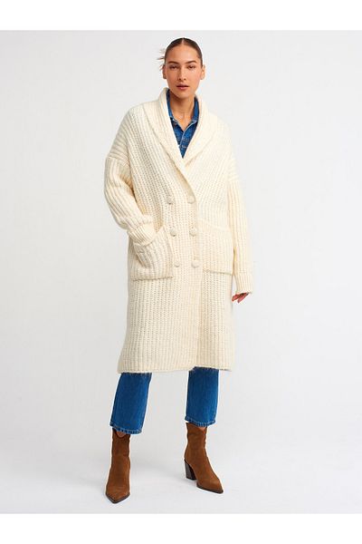 Dilvin 60162 Bathrobe Collar Pocket Knit Cardigan-ecru