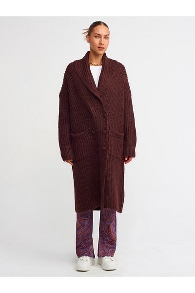 Dilvin 60162 Halat de baie Guler Buzunar Tricotaj Cardigan-maro