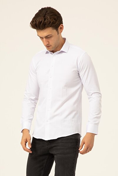 SÜVARİ Cămașă albă pentru bărbați cu model Dobby, slim fit