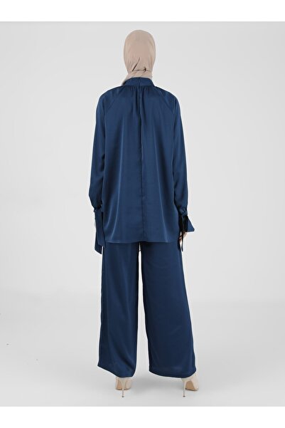 Refka Satin Tie Detailed Tunic & Trousers Double Set - Dark Navy - Woman