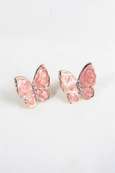 EUROMODA Butterfly Design Pearlescent Pink Enameled Shiny Stone Stud Earrings