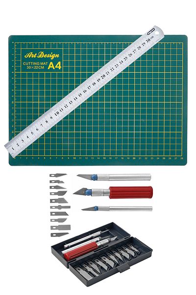 GLANCE A4 Cut Hobby Knife Set - Double Sided, Base Mat, 13 Pieces 30 cm Steel Ruler