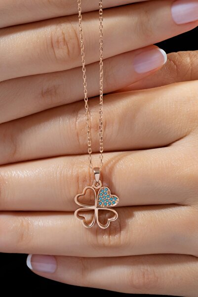 TEK TARZIM TAKI Firuze Taşlı Kalp Figürlü Yonca Gümüş Kolye