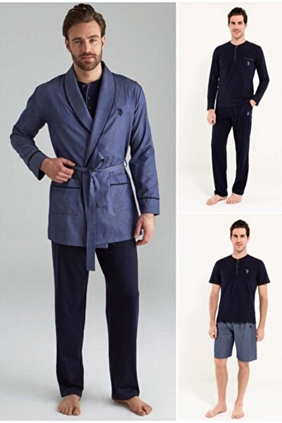 U.S. Polo Assn. Lacivert Damatlık Çeyize Uygun 5 Parça Robdöşambır Pijama Seti