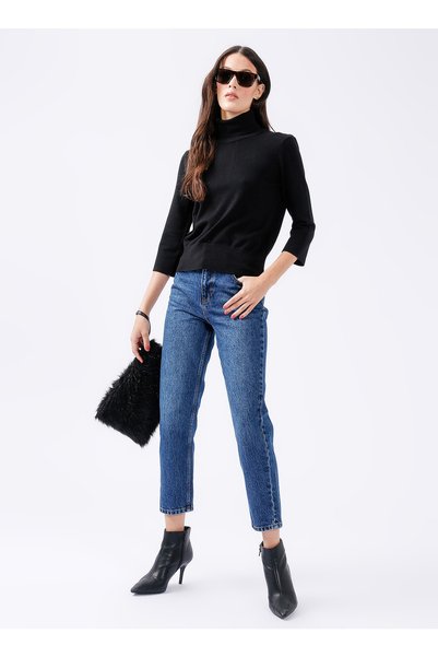 Fabrika Orta Bel Straight Paça Straight Indigo Kadın Denim Pantolon Taro-2